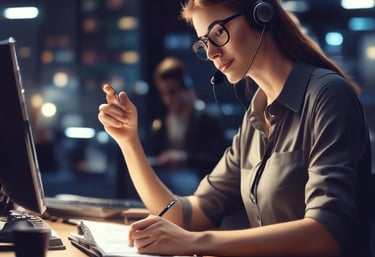 Professional call center agent wearing a headset, focused on assisting a customer.