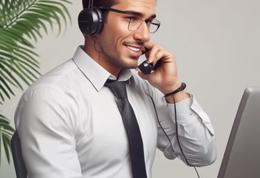 Professional call center agent wearing a headset, focused on assisting a customer.