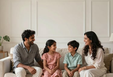 Photography of a South Asian / Indian family laughing in their bright, clean living room with elegant Soft Off-white walls, symbolizing a healthy and premium home environment.