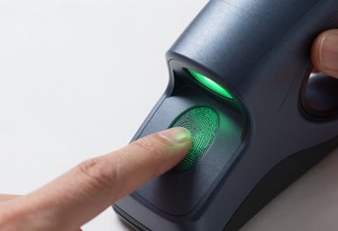A clean, bright close-up of a finger using a biometric fingerprint scanner on a sleek dark device with a persian green light indicating access granted.