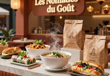 A vibrant market stall with warm ochre tones, featuring dishes from French, Moroccan, and Vietnamese cuisine.