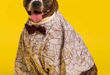 Un alegre perro pitbull atigrado con una camisa estampada y una pajarita sobre un fondo amarillo.