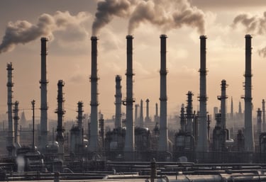 A large fuel tanker anchored at a busy sea port under clear skies.