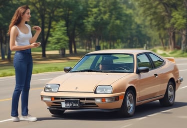 A warm, inviting driving instructor smiling gently while guiding a female student behind the wheel in a cozy car interior.