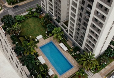 A top-down aerial view of a modern apartment complex in Brazil with a lush garden and swimming pool. The colors are muted green and deep blue. Clean, high-tech photography style.