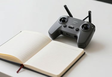 A clean, minimalist workspace with a notebook and a professional drone remote, symbolizing the planning process. Bright, natural South American / Brazilian daylight.