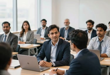 A group of diverse South Asian Indian professionals engaged in a training session, modern office setting, bright and airy composition, professional vibe.