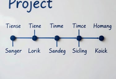 A clean, top-down shot of a project timeline drawn on a white board with navy blue markers.