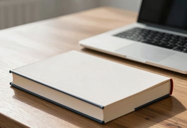 An elegant photo of a hardback book sitting on a wooden desk next to a modern silver laptop in a bright office.