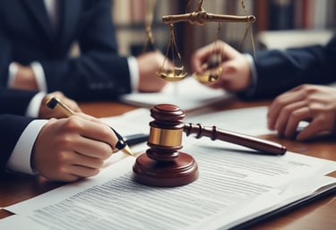 A friendly legal consultant discussing property documents with a client in a bright office.