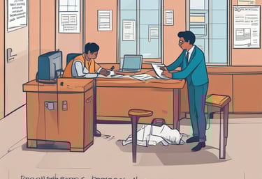 A professional lawyer reviewing property documents with clients in a Mumbai office.