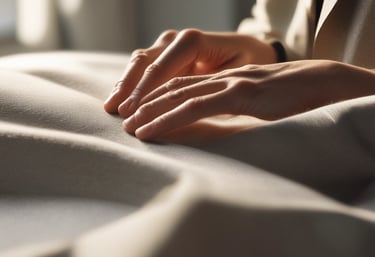 Close-up of hands stitching a sleek, modern jacket in a sunlit studio.