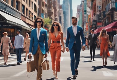 A vibrant city street scene featuring people wearing Charbel's fashion in motion.