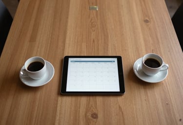 A top-down view of a minimalist Moroccan boardroom table with two coffee cups and a tablet displaying a clean calendar full of appointments.