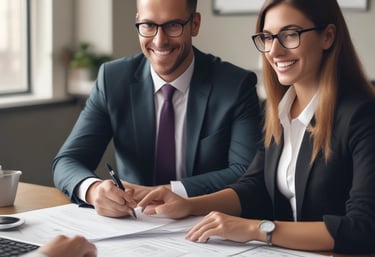 Professional consultant discussing financial options with a small business owner in a modern office.