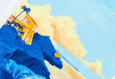 ilustración en tonos amarillos y azules de un paisaje de playa inspirado en la costa de Tulum. Hecho en gouache