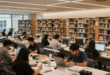 A modern engineering library with books, drafting tables, and several students studying quietly, soft warm lighting, Southeast Asian / Indonesian context.