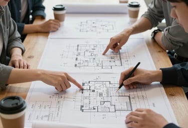 A large meeting table with students reviewing a long roll of technical blueprints, hands pointing at details, coffee cups, bright collaborative workspace.