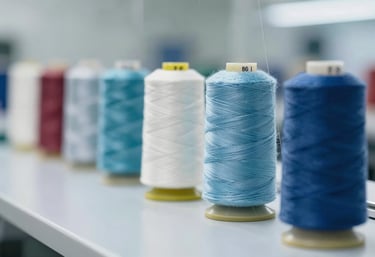 A macro photograph of professional sewing equipment and high-strength thread in a modern facility, using #B6C5C5 and #283645 to convey precision and quality.