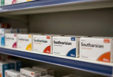 Organized boxes of pharmaceutical medicine on a shelf, professional photography with soft shadows, featuring dark slate blue accents, South American / Latin American pharmacy context.