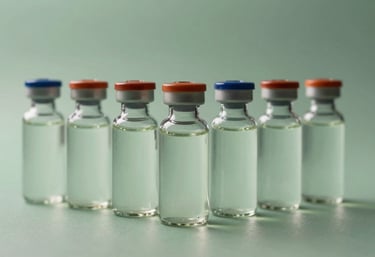 Bottles of generic liquid medications in a row, clean glass surfaces, studio lighting with muted sage green reflections, South American / Latin American pharmaceutical laboratory style.