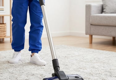 A friendly cleaner smiling while dusting a bright, cozy living room.