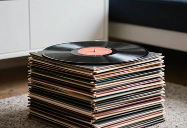 An artistic photography shot of a pile of vinyl records in a modern living room with ghost white furniture and dark navy accents.