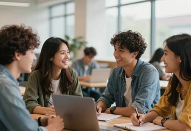 A group of diverse international students laughing and collaborating together in a bright, modern university student lounge. High-quality photography, International English / Global.