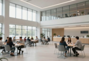 A modern, sophisticated community center hall with light pouring in through large windows, reflecting a sense of shared responsibility and gathering. Palette includes #F1F5EF and #6B7F67.