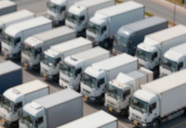 High-angle view of multiple trucks parked in a grid, representing national coverage, clean and orderly composition.