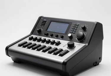 A standalone shot of a premium black and silver laser console in a minimalist white studio. Sharp edges, luxury texture, and high-tech elegance.
