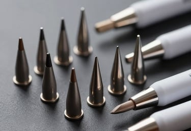 Close-up of high-quality cosmetic applicator heads arranged neatly on a dark gray surface, showing precision tips and ergonomic design.