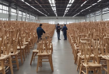 A skilled craftsman carefully shaping a wooden chair in a warm workshop.