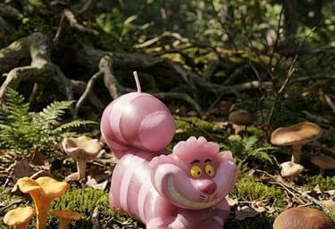 Vela artesanal inspirada en el Gato Cheshire de Alicia en el País de las Maravillas