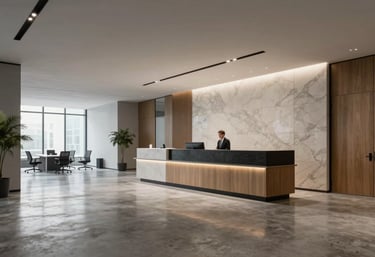 A modern European office lobby with clean lines, polished concrete floors, and a professional reception area, conveying trust and corporate sophistication.