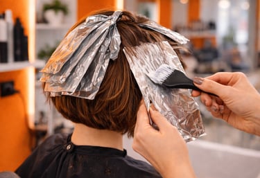 Professional stylist applying hair highlights using foil and a brush at a hair salon.
