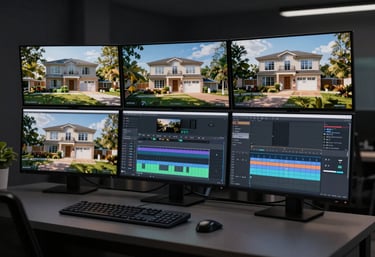A high-tech video editing suite with multiple monitors showing real estate property walk-throughs in 4K resolution, dim studio lighting.