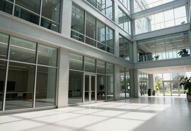A wide-angle photograph of a modern North American corporate atrium with natural light, reflecting glass, and a clean white floor, symbolizing transparency and growth.