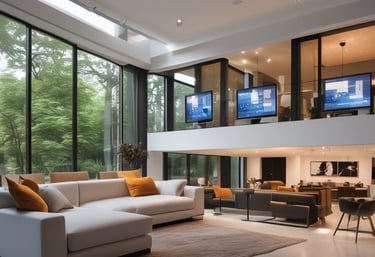 Modern residential building equipped with smart home technology and IP security cameras at dusk.