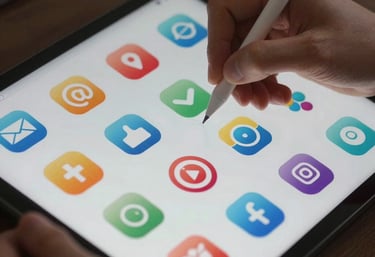 A designer's hand using a stylus on a digital tablet to sketch out a colorful mobile app icon. Global / Western.