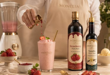 MONÉLIA syrup and fruit puree applications for iced coffee smoothies and professional drink menus