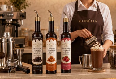 MONÉLIA caramel syrup used in iced coffee and specialty drinks