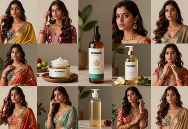 A vibrant, stylish collage of wellness and fashion products styled with a South Asian / Indian influence, high-end photography style.