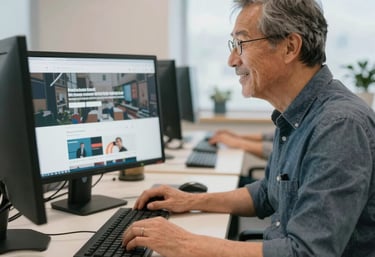 A smiling young man with curly hair uses a desktop computer for web design in a modern office.