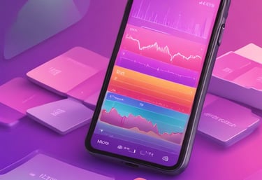 3D illustration of a smartphone displaying a colorful PCOS tracking dashboard with gradient purple hues.