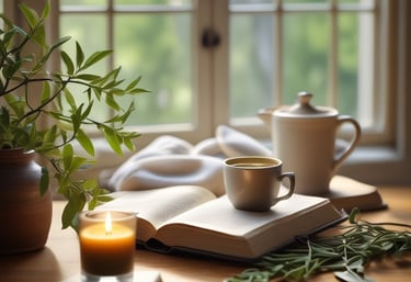 A serene person holding a phone with the app open, surrounded by soft golden light.
