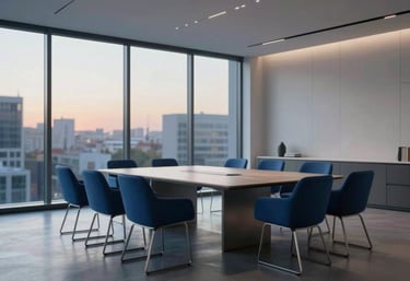 A minimalist, contemporary meeting room with Steel Blue furniture and large windows overlooking a blurred urban landscape at dusk.