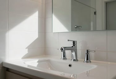 A pristine, white-tiled modern bathroom in a North American home with sparkling chrome fixtures and soft, natural morning light.