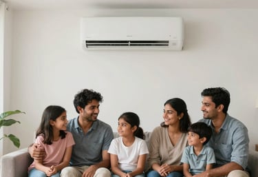 A happy South Asian / Indian family sitting together in a bright, cool, and comfortable living room, enjoying the efficient cooling of their air conditioner.