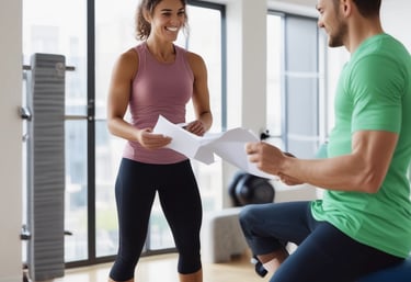 A friendly coach discussing a fitness plan with a client in a bright, airy room.